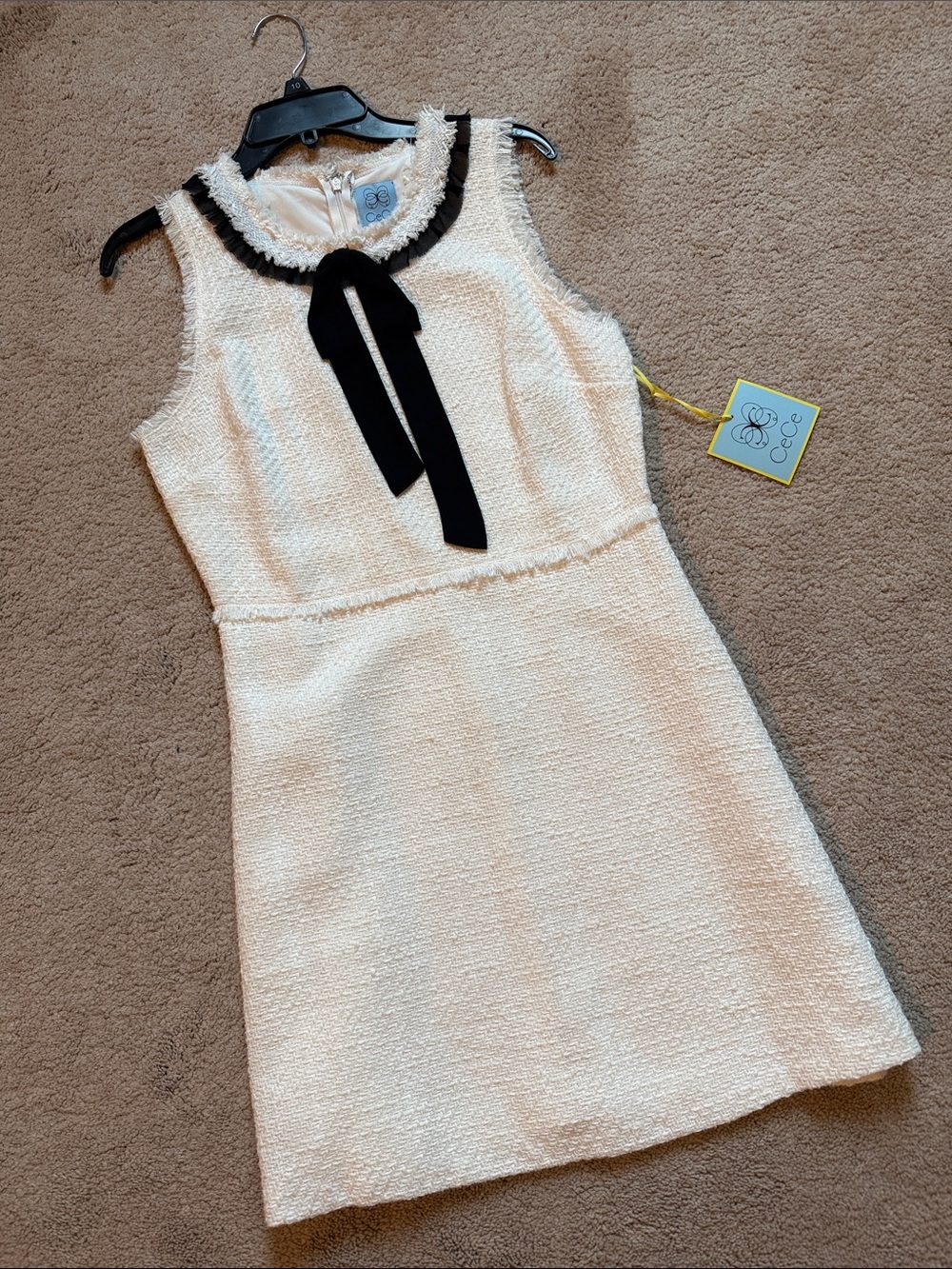 NWT CeCe Off-White Tweed Sleeveless Dress with Black Bow Neckline, 10